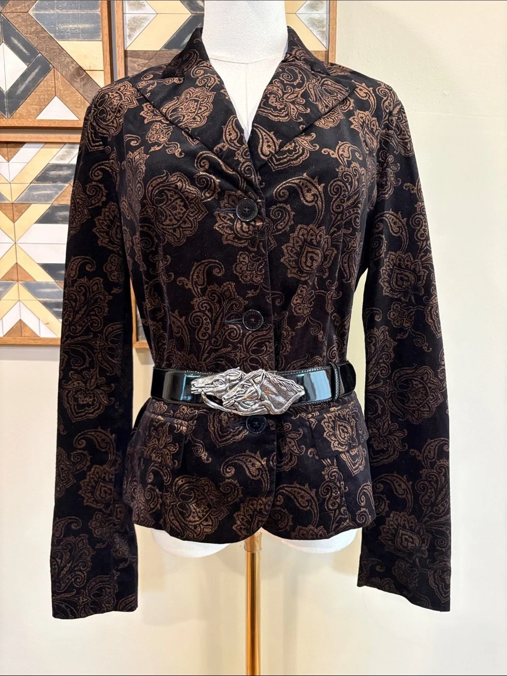 Vintage Lauren Ralph Lauren Black Gold Paisley Button-Up Velvet Blazer Jacket 8